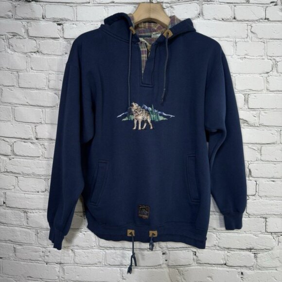 Vintage 90s Habitat Wilderness Hoodie M Embroidered Wolf Plaid Lined Hood Navy - Picture 1 of 16